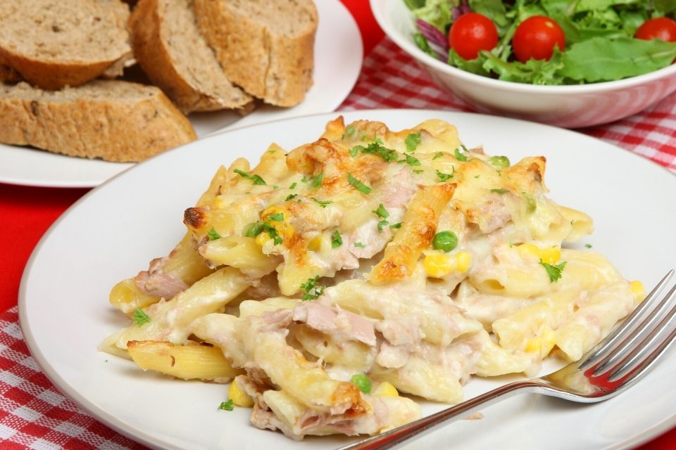 A serving of tuna, sweet corn and pasta oven casserole.