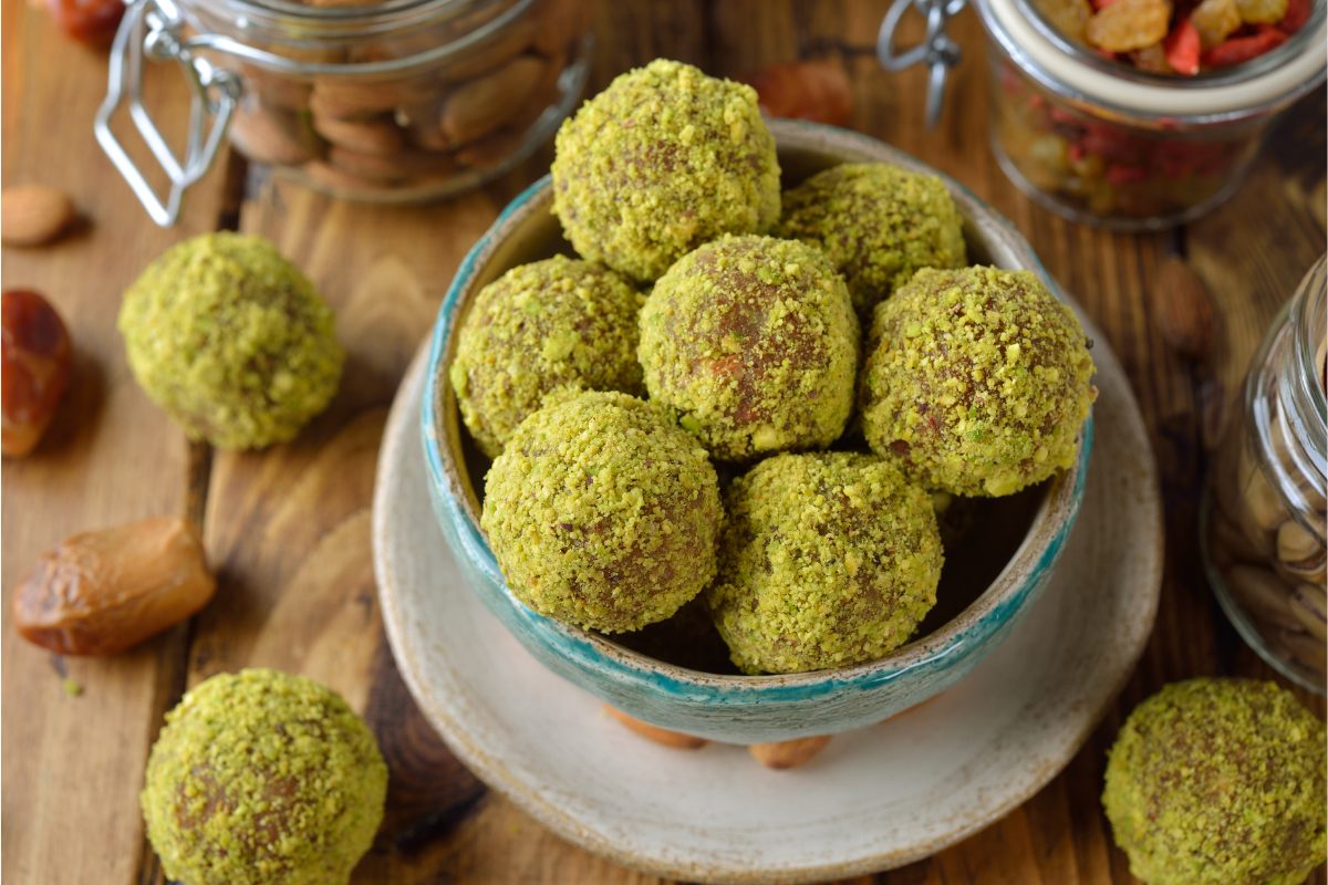 Raw candy balls, or vegetarian truffles, in a bowl.