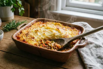 Un gratinado de lentejas y verduras recién horneado, servido en una fuente rústica de cerámica. El puré de patata dorado que lo cubre parece crujiente y ligeramente dorado. Se ve una rica mezcla de lentejas con zanahorias, cebolla, pimiento y una base de tomate.