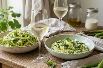Vino blanco y verduras primaverales.