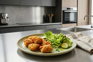 Un plato de manitas de ternera rebozadas acompañadas de ensalada verde.