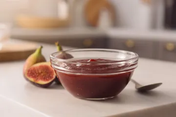 Cuenco de cristal con kétchup de higo, de color rojo oscuro, junto a higos frescos partidos y una cuchara sobre una encimera clara.
