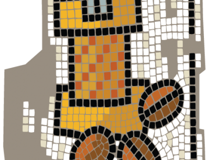 Un mosaico representando un molinillo de café manual rodeado de granos de café tostados.