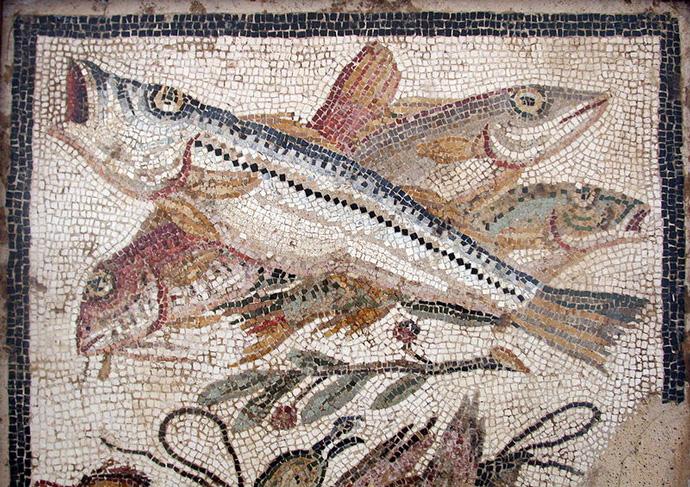 Mosaico de Pompeya mostrando pescados.