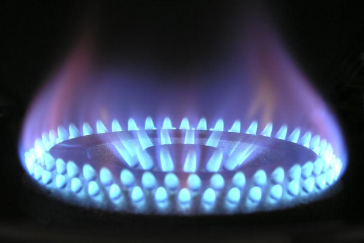 Quemador de gas encendido.