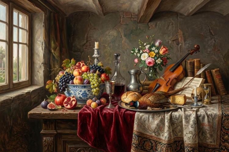 Un bodegón del estilo de la pintura del siglo XVIII.