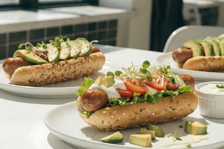 Perritos calientes saludables en pan integral con semillas, cubiertos con lechuga, tomate, aguacate, germinados y salsa de yogur, servidos en platos blancos.