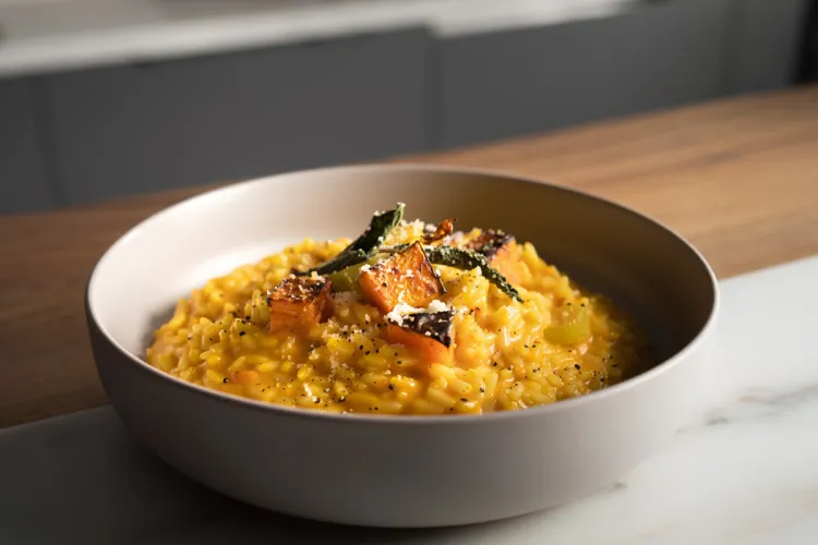 Cuenco de risotto de calabaza, de color amarillo intenso, coronado con dados de calabaza asada, hojas de salvia crujiente y parmesano rallado.
