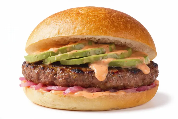 Hamburguesa en bollo de sésamo con mayonesa de chipotle, láminas de aguacate y cebolla morada encurtida