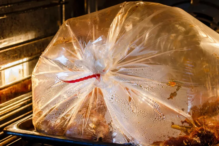 Carne asándose dentro de una bolsa de horno transparente, cerrada con una atadura roja, sobre una bandeja en el horno