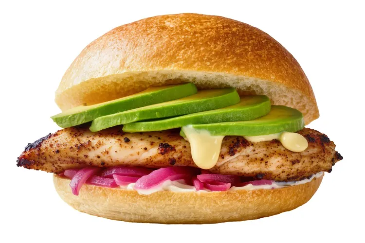Hamburguesa de pechuga de pollo a la plancha en bollo de sésamo, con mayonesa de chipotle, aguacate y cebolla morada encurtida