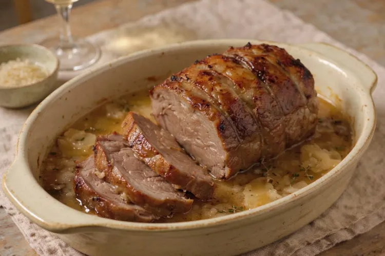 Lomo de ternera asado y atado, con varias lonchas cortadas, en una fuente de cerámica con su jugo