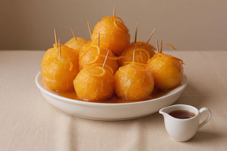 Una fuente de servir con narannas de fiesta, naranjas en rodajas, reconstruidas y servidas con almíbar al brandy.