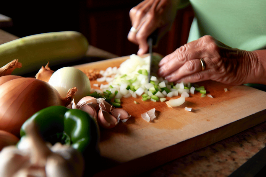 Preparación del sofrito con ajo, cebolla y pimiento.