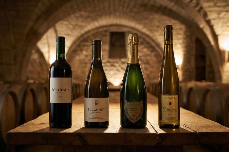 Cuatro botellas de vino con las formas más típicas.