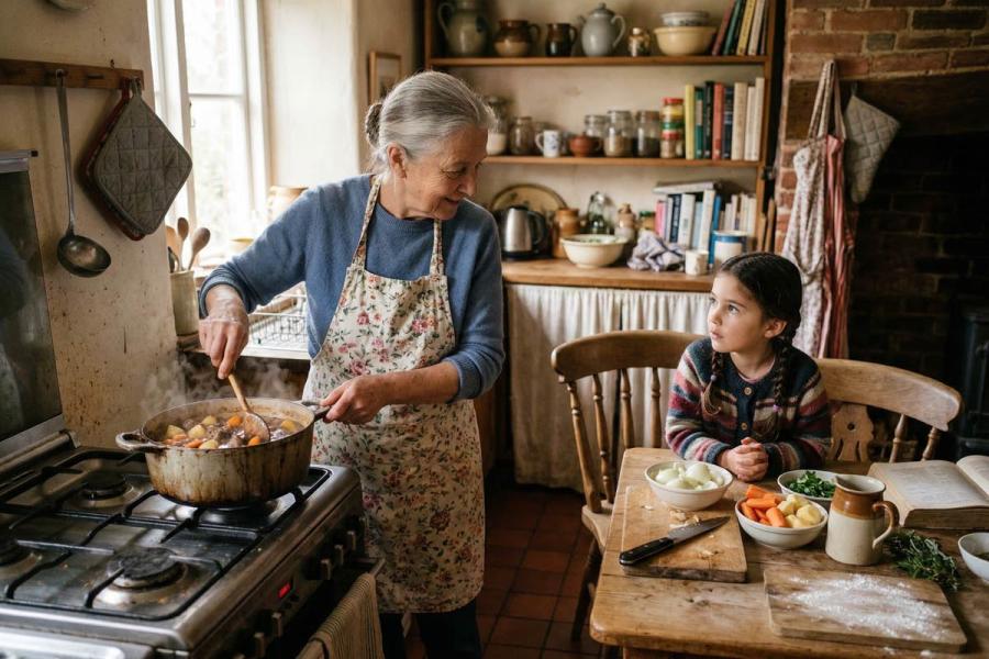 Una abuela y su nieta juntas en una cocina tradicional, la niña mira mientras la abuela cocina - imagen sintética.