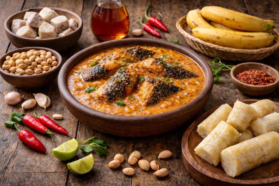 Mesa de madera con cuenco de barro lleno de salsa de cacahuete con pescado ahumado, acompañado de malanga cocida, yuca hervida, plátanos machos, cacahuetes, ajo y guindillas rojas.