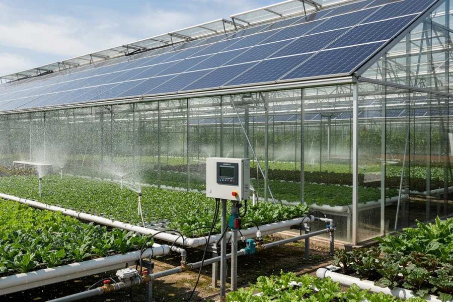 Invernadero de vidrio con paneles solares en el techo, cultivos de hojas verdes y sistema automático de riego por aspersión