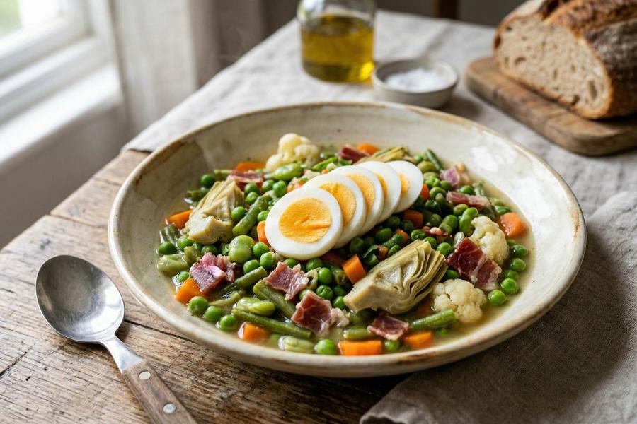 menestra de verduras con jamón serrano en plato de loza, pan sal y aceite al fondo.