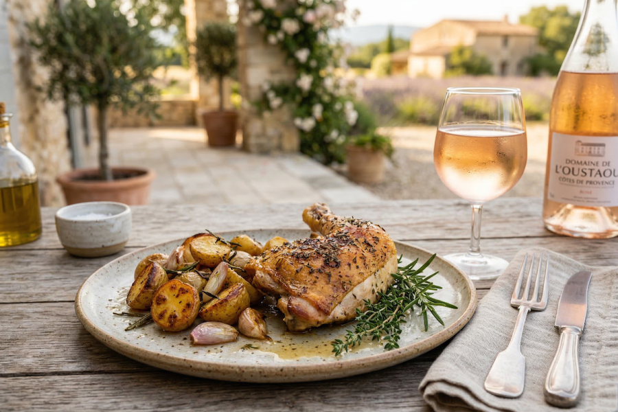 Pollo asado a las hierbas provenzales con patatas asadas doradas en plato rústico, acompañada de una copa de vino rosado.
