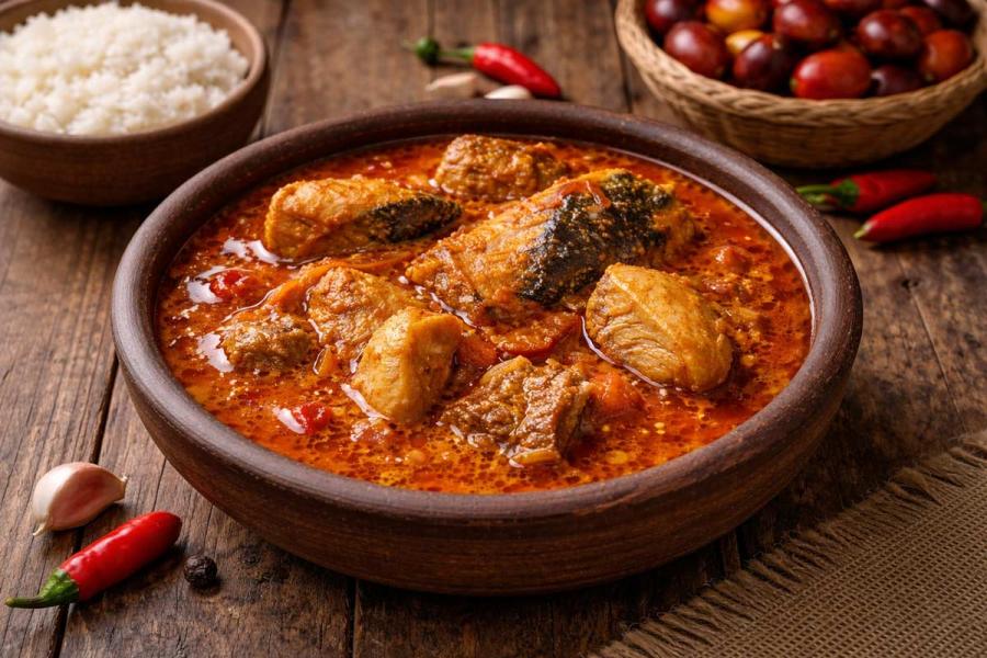 Cuenco de barro con salsa de palmiste rojiza y espesa sobre una mesa de madera rústica; alrededor hay arroz blanco, ajos, guindillas rojas y una cesta de frutos al fondo.