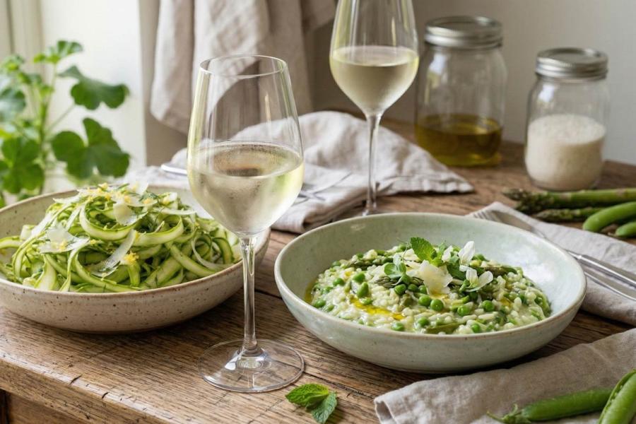 Vino blanco y verduras primaverales.