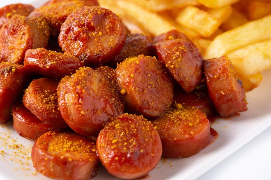 Salchicha alemana al curry, o currywurst, cortada en rodajas y acompañada con patatas fritas
