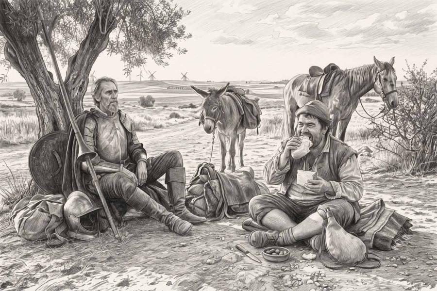 Ilustración a lápiz de Don Quijote, sentado pensativo bajo un olivo con su armadura y lanza, y Sancho Panza comiendo pan con apetito junto a él, con un burro y un caballo de fondo en un paisaje manchego con molinos de viento.