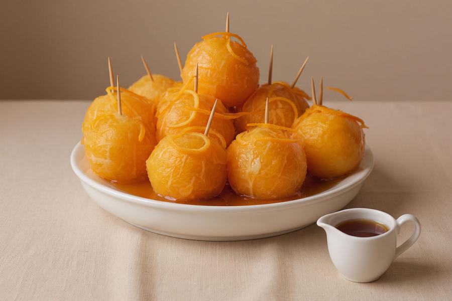 Una fuente de servir con narannas de fiesta, naranjas en rodajas, reconstruidas y servidas con almíbar al brandy.