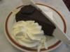 Un trozo de sachertorte en un plato, acompañado de nata montada.