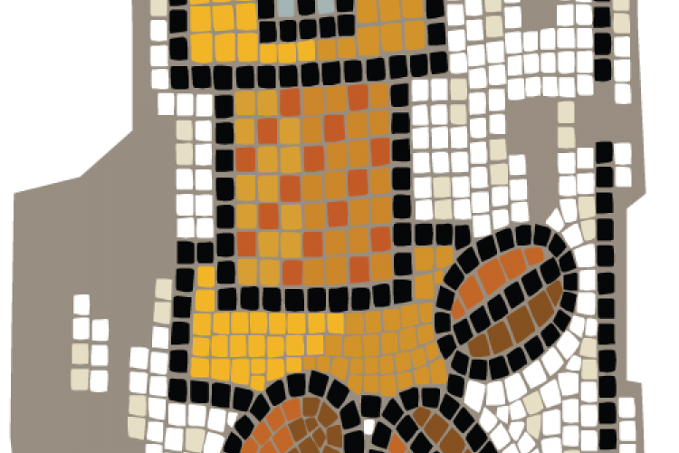 Un mosaico representando un molinillo de café manual rodeado de granos de café tostados.