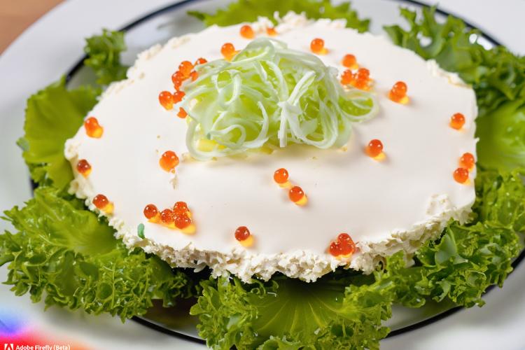 Una forma de presentar la ensalada de caviar y queso, IA generada.