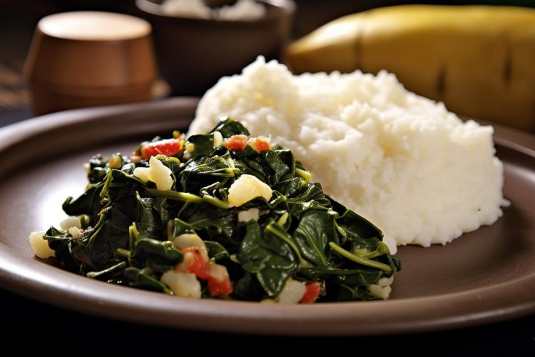 Sukuma wiki, o verduras de hoja verde guisadas, y ugali, o gachas de maíz espesas.)