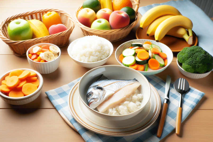 Alimentos clave en la dieta blanda, como arroz blanco, pescados blancos, frutas maduras y verduras cocidas.