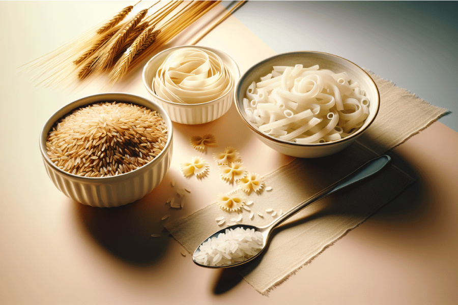 Cereales y derivados adecuados en una dieta blanda, como arroz blanco y pasta blanca.