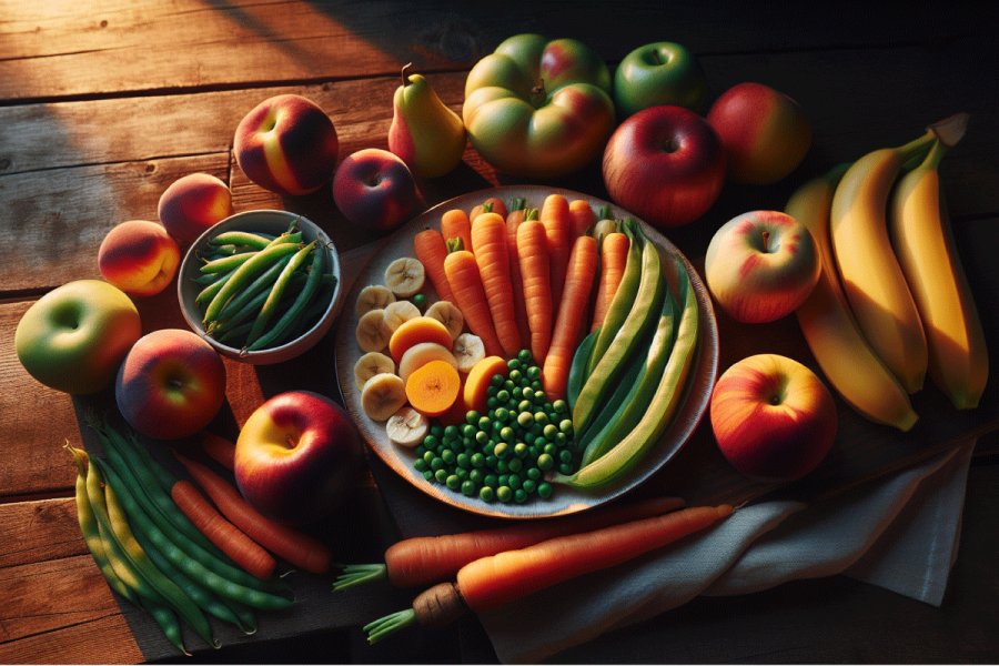 Frutas maduras y verduras cocidas no irritantes, ideales para una dieta blanda.
