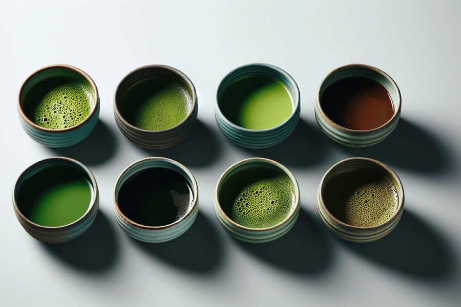 Comparación de colores de diferentes tés matcha.