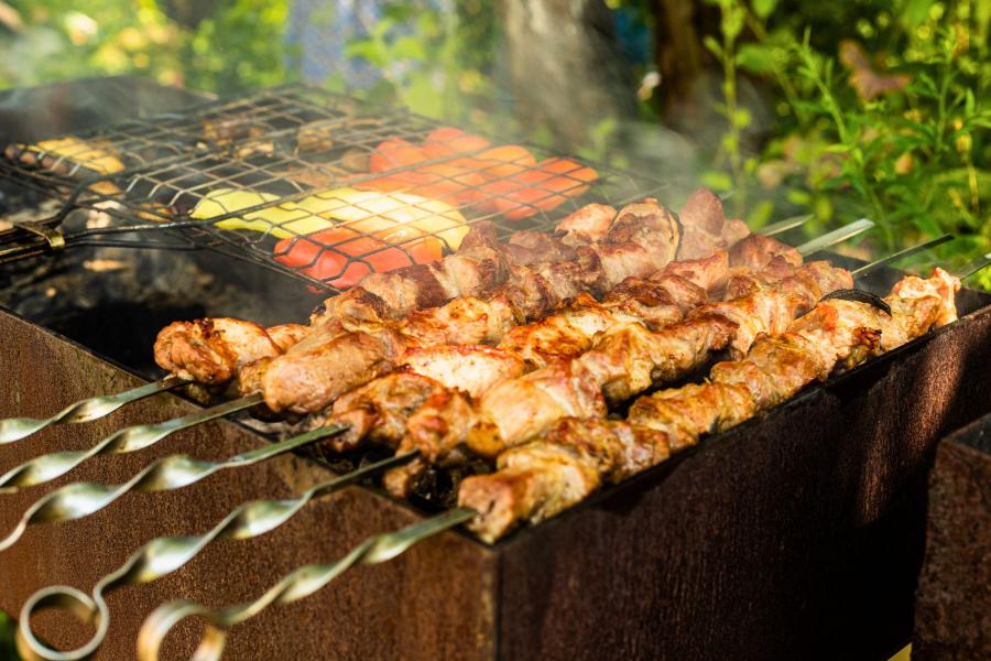 Shashlik o brochetas de carne a la parrilla, cocinándose sobre una llama abierta, con trozos de carne marinada dorándose y carbonizándose. También se están asando verduras en una rejilla separada en el fondo.