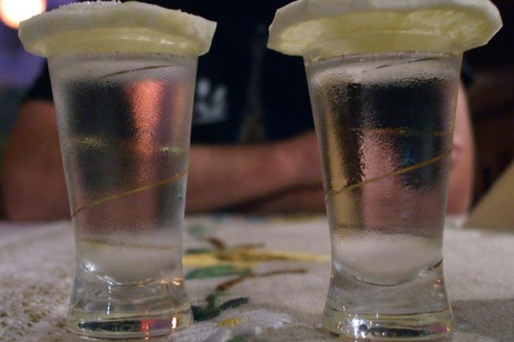 Dos vasos de vodka tapados con rodajas de limón.