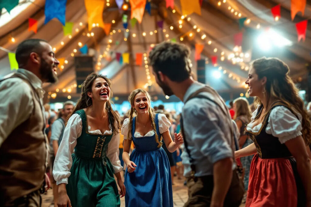 En la imagen se puede ver una tradicional carpa de cerveza repleta de personas vestidas con lederhosen y dirndls, celebrando en un ambiente festivo típico del Oktoberfest. La carpa está decorada y la gente sostiene jarras de cerveza, disfrutando de la gastronomía bávara y la música en un evento que atrae a millones de visitantes.