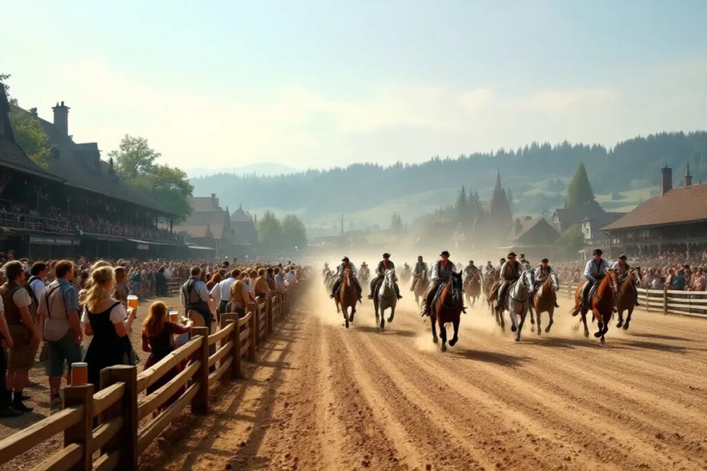 Una recreación histórica de las primeras carreras de caballos del Oktoberfest en 1810, con un ambiente festivo en la plaza de toros, donde se pueden ver a personas disfrutando de la celebración con jarras de cerveza en mano y decoración bávara. Este evento, que marcó el inicio de la famosa fiesta de la cerveza, atrae a millones de visitantes cada año en Múnich.